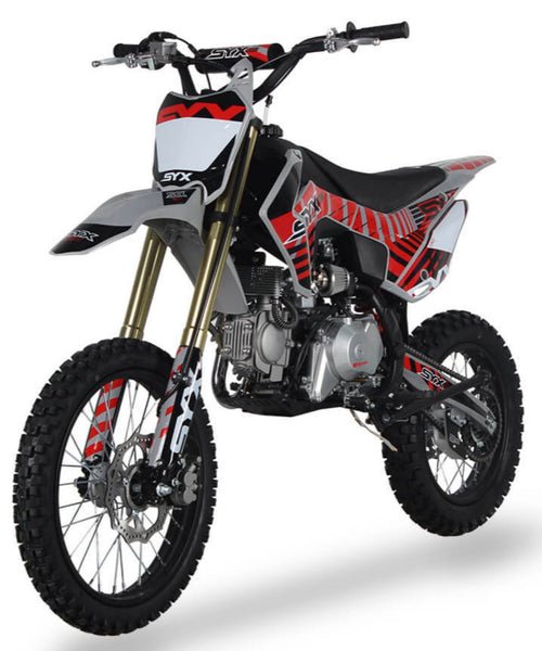 2024 SYX Moto Whip Pro 125cc Pit Bike, Oil-Cooled, Kick Start, Anodized Front Fork, 4-Speed Manual Shifting, (17/14) Wheels, Ages 12 and up - Red/Grey
