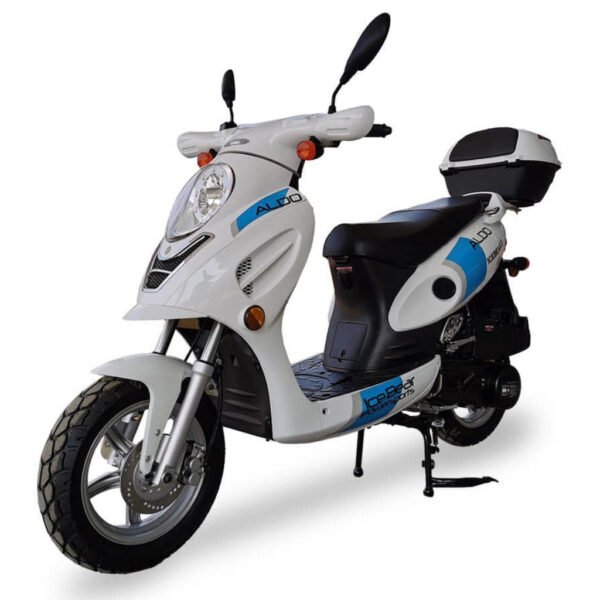 Aldo 150cc Street Scooter, Automatic, Front Disc Brake, 12 inch Aluminum Wheels, LED Headlight, Trunk Included - White/Red