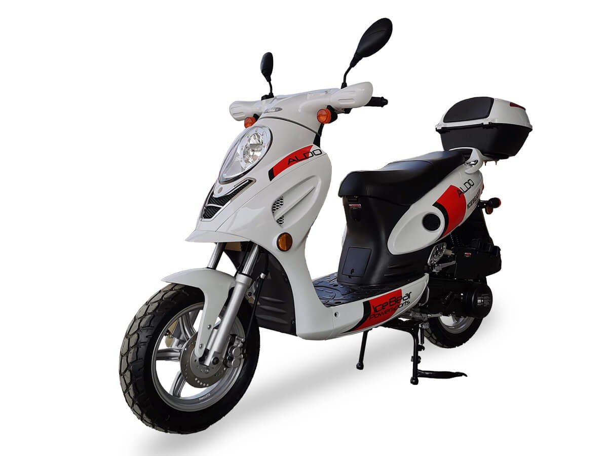Aldo 150cc Street Scooter, Automatic, Front Disc Brake, 12 inch Aluminum Wheels, LED Headlight, Trunk Included - White/Red
