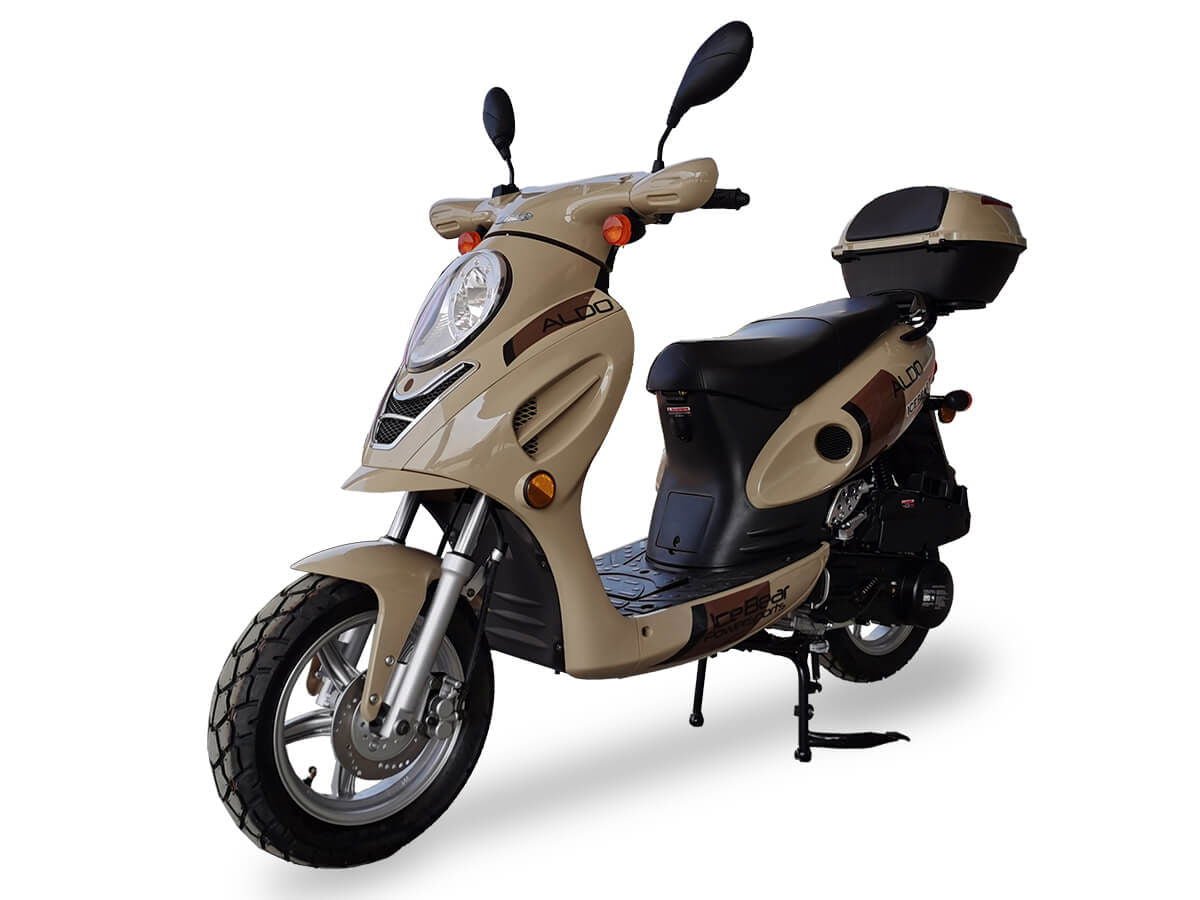 Aldo 150cc Street Scooter, Automatic, Front Disc Brake, 12 inch Aluminum Wheels, LED Headlight, Trunk Included - White/Red