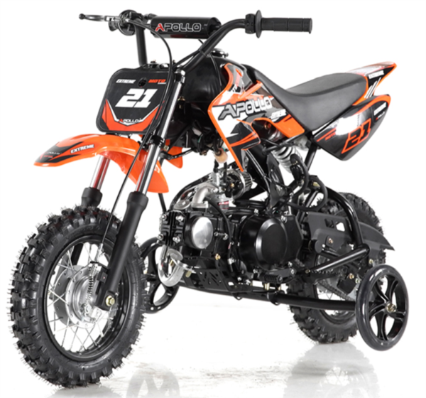 Apollo DB25 70cc Kids Dirt Bike, Automatic, Electric Start, 10/10 inch Wheels, Training Wheels Included, Ages 6 and up - Red