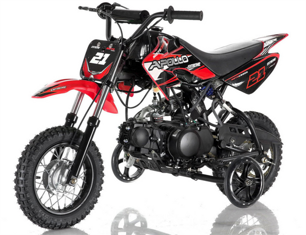 Apollo DB25 70cc Kids Dirt Bike, Automatic, Electric Start, 10/10 inch Wheels, Training Wheels Included, Ages 6 and up - Red