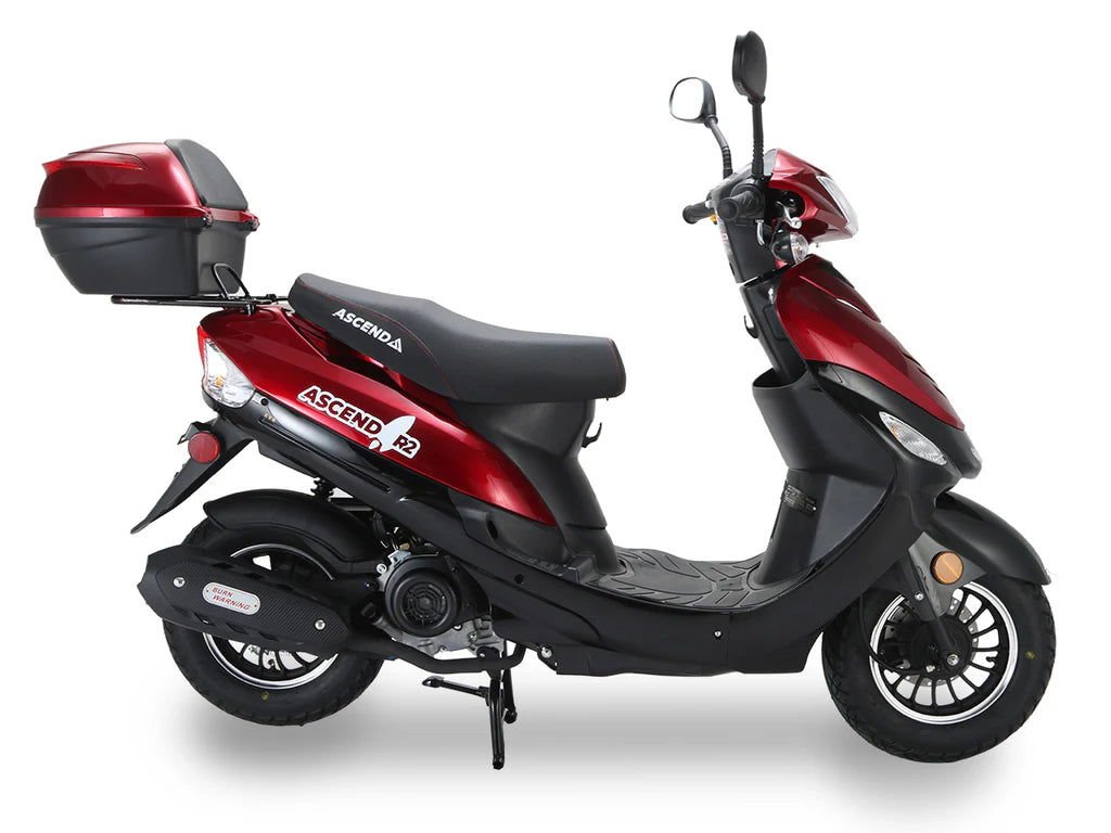 Ascend R-2 50cc Street Scooter, Automatic, Front Disc Brake, LED Headlight, Trunk Included, 50 State Legal - Metallic Red
