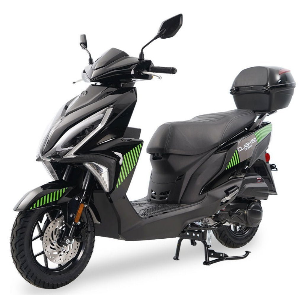 Clash 150cc Street Scooter, Automatic Shifting, Front Disc/Rear Drum Brakes, LED Accent Lighting - Black