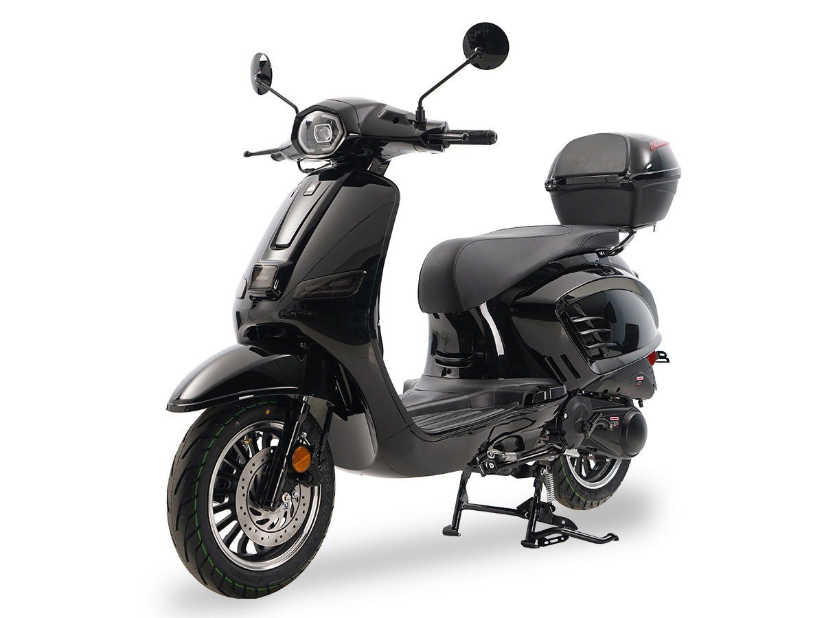 Classic 150cc Street Scooter, Automatic Shifting, 12 inch Aluminum Wheels, LED Lighting, Digital Dash, Trunk Included - Red
