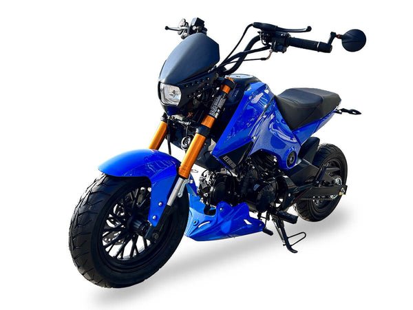 Fuerza 125cc Motorcycle, 4-Speed Manual, Dual Disc Brakes, 12 inch Aluminum Wheels, 50 State Legal - Metallic Blue