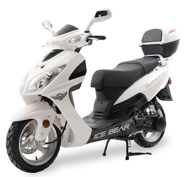 Hawkeye 150cc Street Scooter, Automatic, Front Disc Brake, 13 inch Aluminum Wheels, Trunk Included - Metallic White