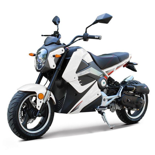 Rocker 50cc Motorcycle, Automatic Shifting, Front Disc Brake, 13-inch Alloy Wheels - White