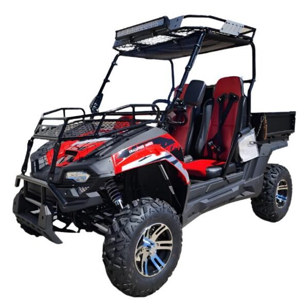 TrailMaster Challenger 200EUX UTV Side-by-Side, Front Cargo Rack, Rear Dump Bed, Deluxe Alloy Wheels, LED Light Bar - Red