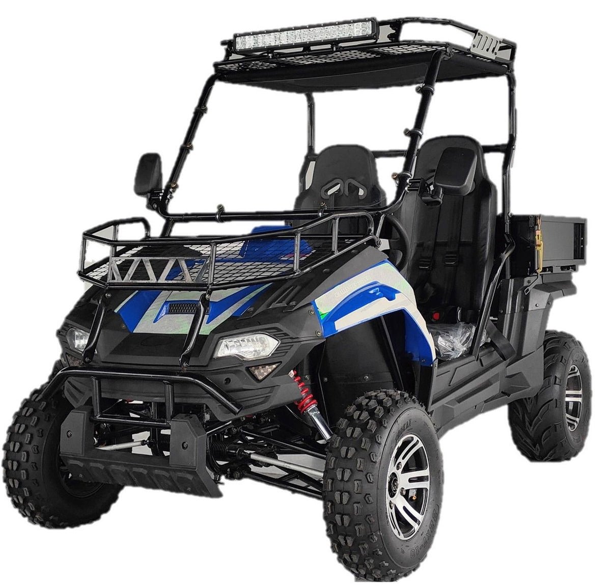 TrailMaster Challenger 200EUX UTV Side-by-Side, Front Cargo Rack, Rear Dump Bed, Deluxe Alloy Wheels, LED Light Bar - Red