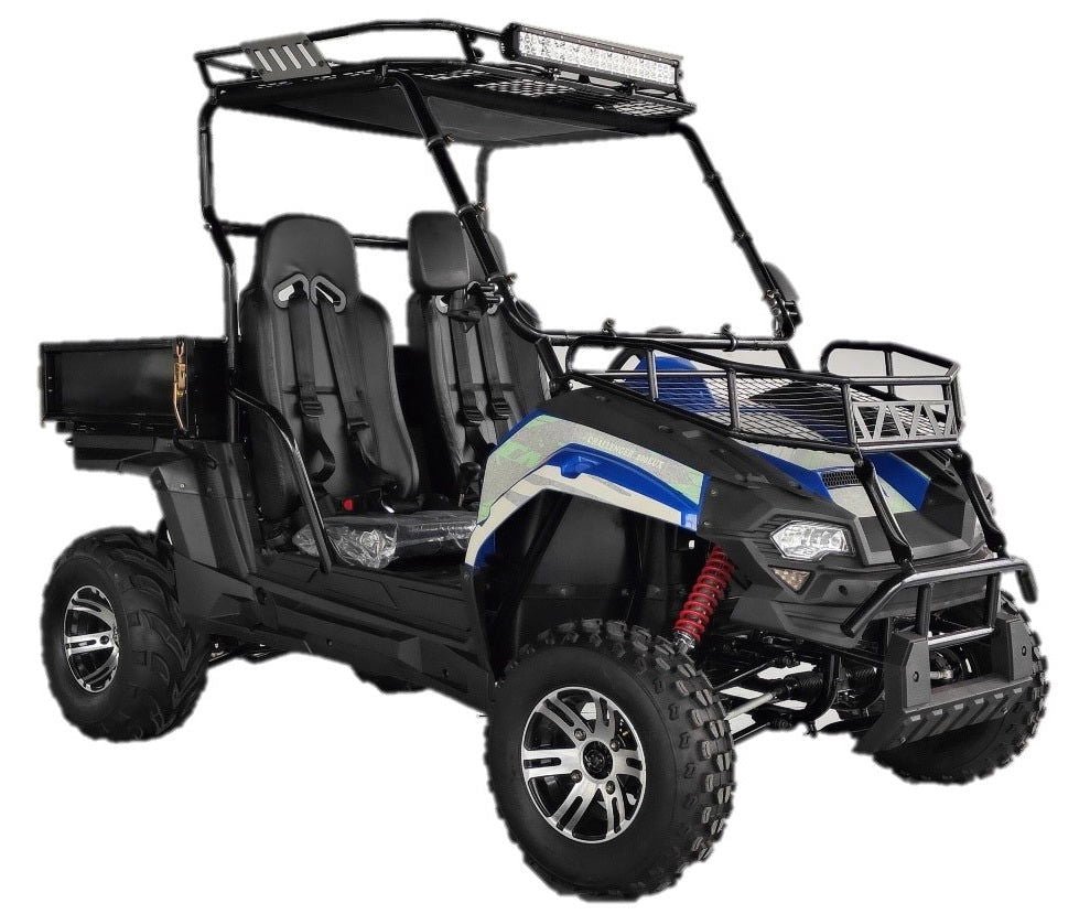 TrailMaster Challenger 200EUX UTV Side-by-Side, Front Cargo Rack, Rear Dump Bed, Deluxe Alloy Wheels, LED Light Bar - Red