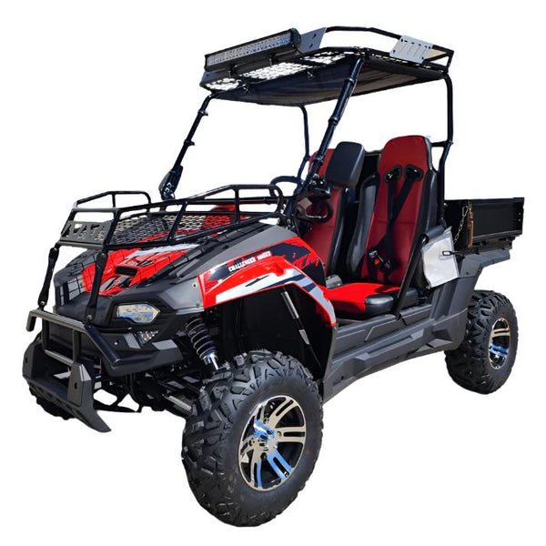 TrailMaster Challenger 200EUX UTV Side-by-Side, Front Cargo Rack, Rear Dump Bed, Deluxe Alloy Wheels, LED Light Bar - Red