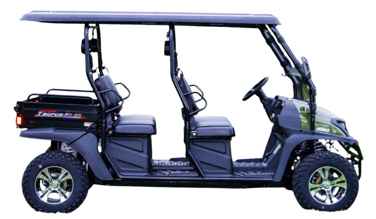 TrailMaster Taurus 80ED-U 4-Seat Electric Golf Cart with Dump Bed, 72 Volt, Aluminum Alloy Wheels - Tree Camo