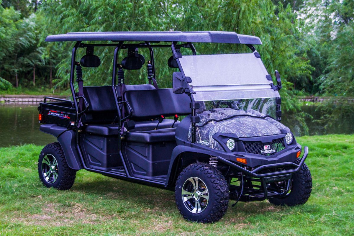 TrailMaster Taurus 80ED-U 4-Seat Electric Golf Cart with Dump Bed, 72 Volt, Aluminum Alloy Wheels - Tree Camo
