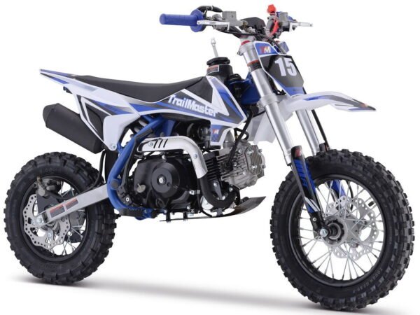 TrailMaster TM15 110cc Dirt Bike, 4-Speed Semi-Auto, Electric Start w/Kick backup, Dual Disc Brakes (12/10) Ages 8-12 - Blue