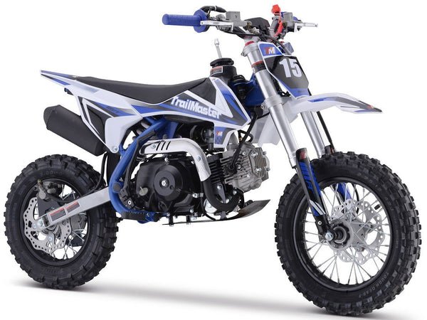TrailMaster TM15 110cc Dirt Bike, 4-Speed Semi-Auto, Electric Start w/Kick backup, Dual Disc Brakes (12/10) Ages 8-12 - Blue