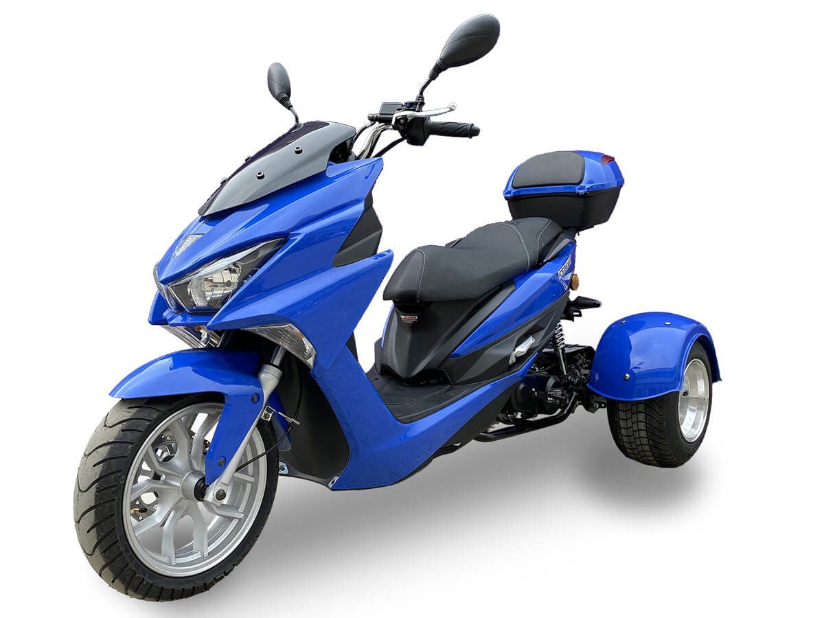 Trifecta 150cc Street Trike, Automatic, Disc Brakes, Aluminum Wheels, Trunk and Windshield Included - Metallic Blue
