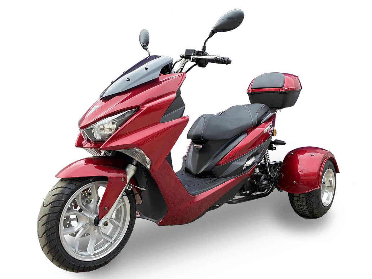Trifecta 50cc Street Trike, Automatic, Disc Brakes, Aluminum Wheels, Trunk and Windshield Included - Metallic Blue