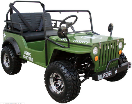 Willys Style Jeep Go Kart, 125cc Gas Engine, 3-speed with Reverse, Ages 12 and up - Army Green